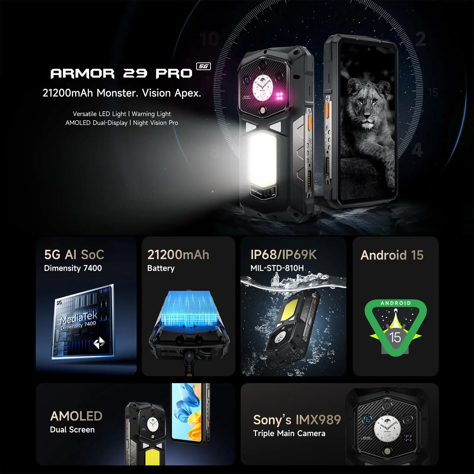 Противоударный смартфон Ulefone Armor 29 Pro, 16 ГБ + 512 ГБ, камера ночного видения, 6,67 дюйма, Android 15, MTK Dimensity 7400 Octa Core, 5G, NFC