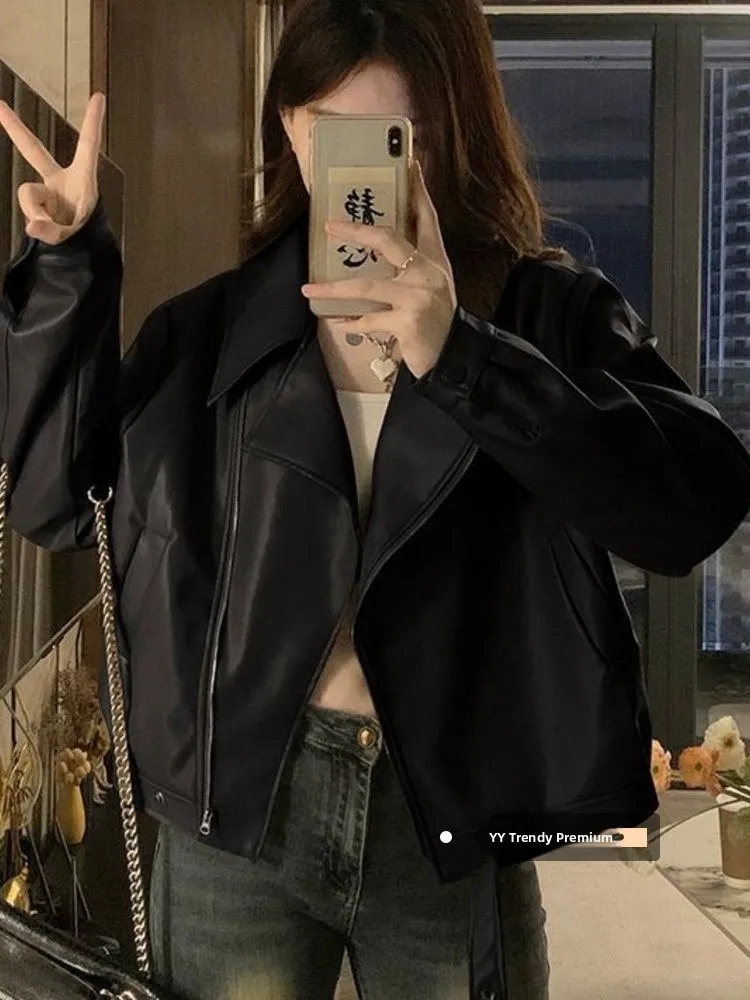 

Cé Brown PU Leather Jaet Women's ort Motorcycle Sle Spring 2026 Street Faion plus Size Small Figure Fit Coat