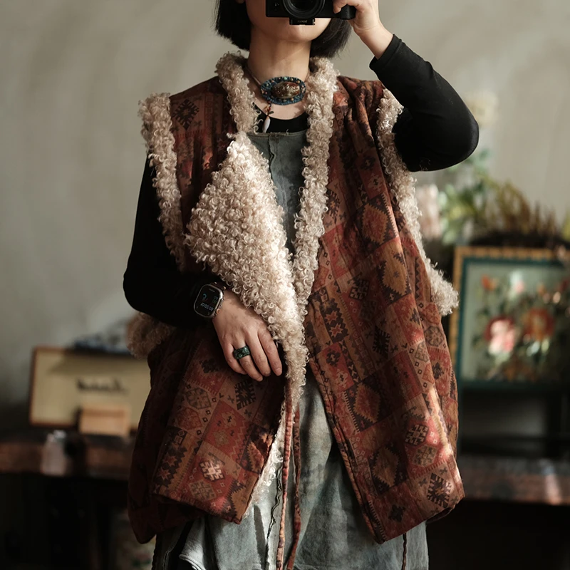 

100% Cotton Women Casual Vest Coats New 2025 Autumn Vintage Style Geometric Print Loose Female Sleeveless Thick Jackets M2230