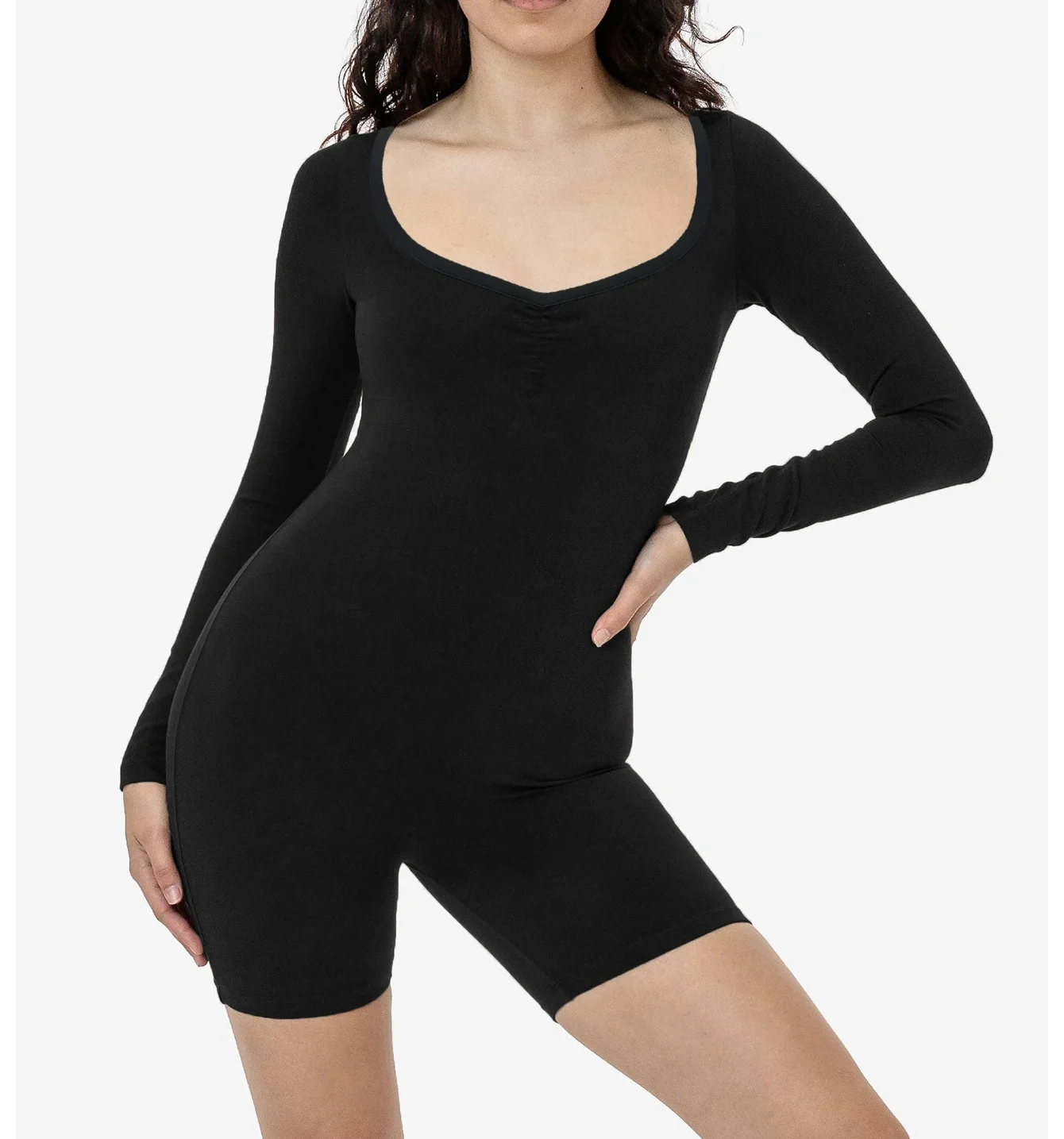 Women Long Sleeve Round Neck Bodysuit Slim Fit Stretchy Short Jumpsuit for Workout Gym Fitness Daily Wear for Spring and Summer