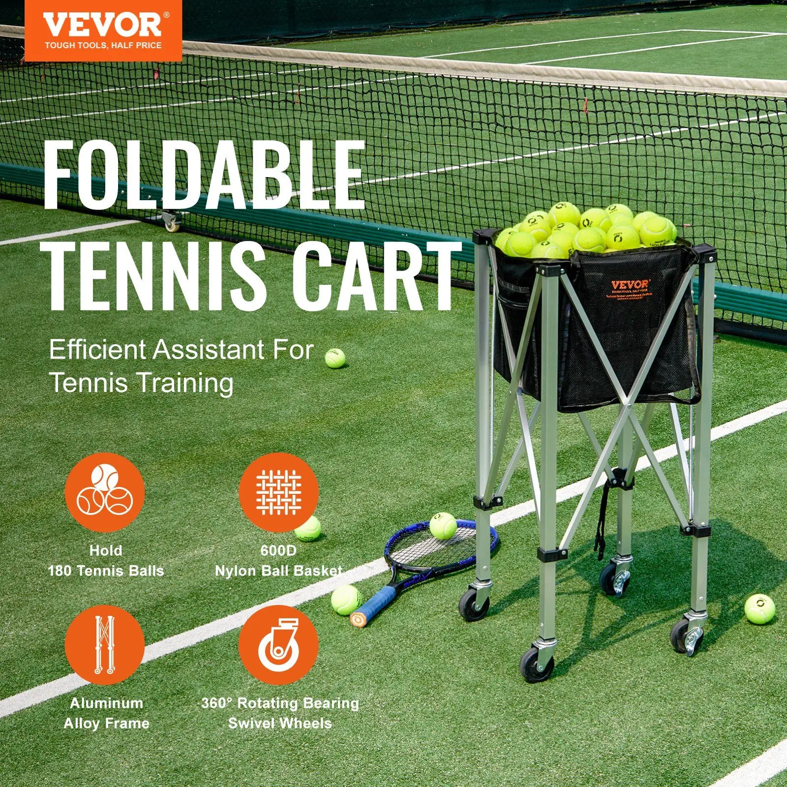 Foldable Tennis Ball Hopper Holds 180 Tennis Balls Lightweight Aluminum Alloy Tennis Ball Basket Cart with Wheels Removable B