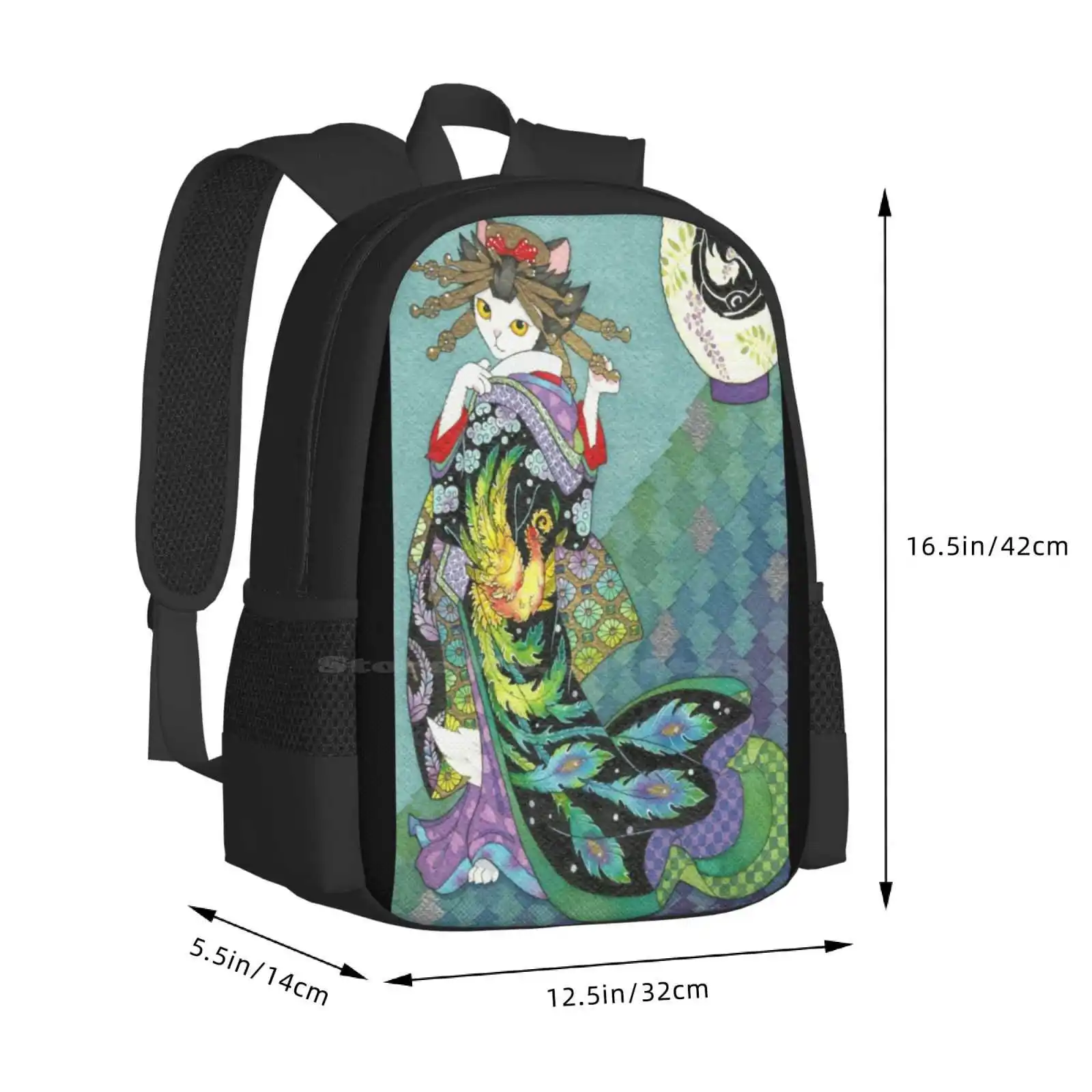 Phoenix Uchikake Kimono Kitty Pattern Design Bag Student'S Backpack Cat Kimono Japanese Uchikake Kawaii Neko Courtesan Kanzashi