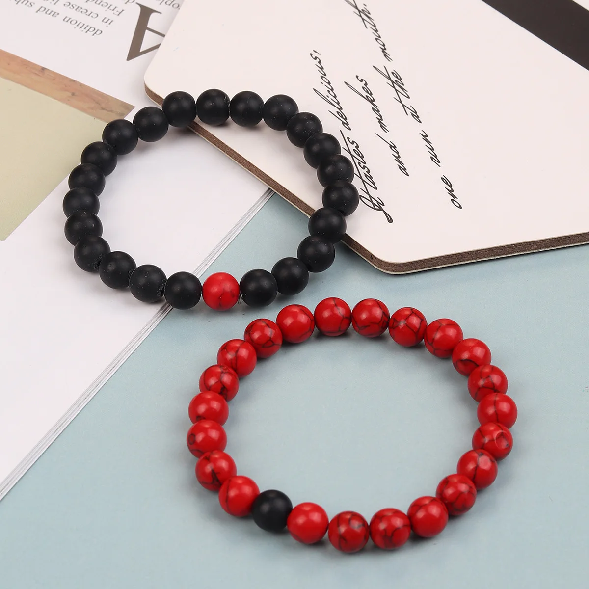 2-Piece Red & Black Beaded Bracelet Set, Red Turquoise Style Stretch Bracelets for Men Women