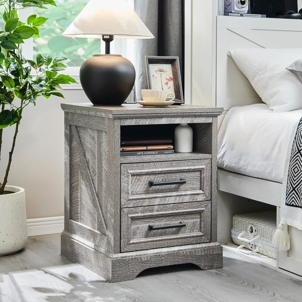 

18" Farmhouse Nightstand with Charging Station,End Table with 2 Drawers Storage,Side Table,Bedside Cabinet for Bedroom