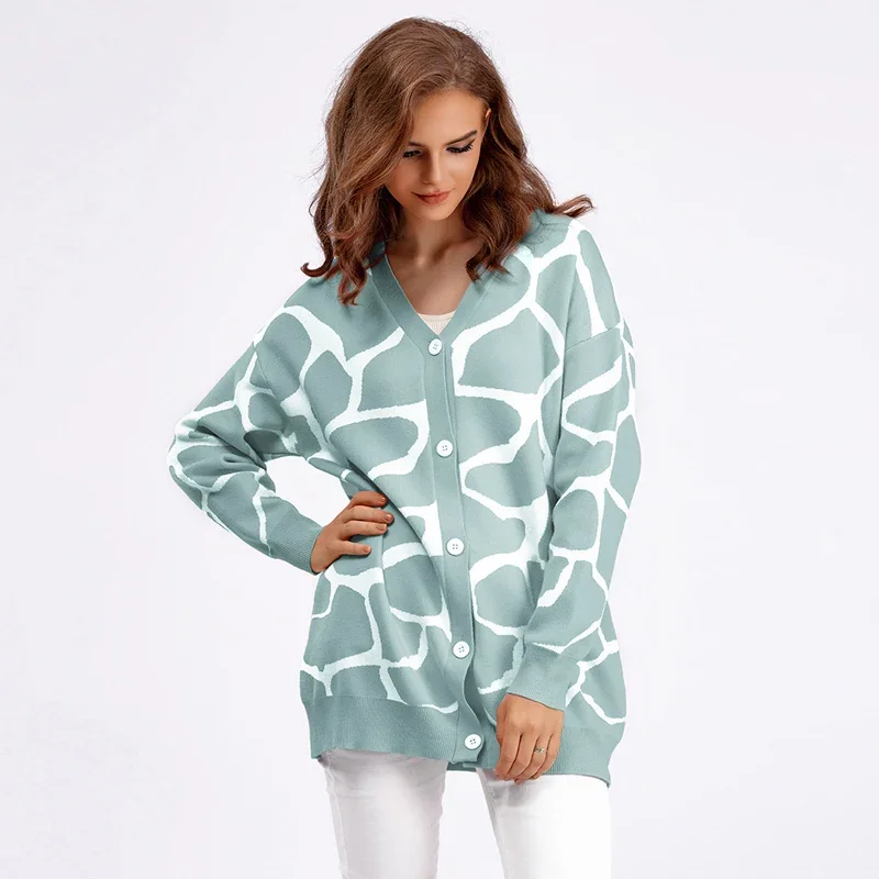 Fashion Print Cardigans For Women 2024 Autumn Winter Knitted Jacket Button Up Long Sleeve Oversize Sweater Cardigan Coat