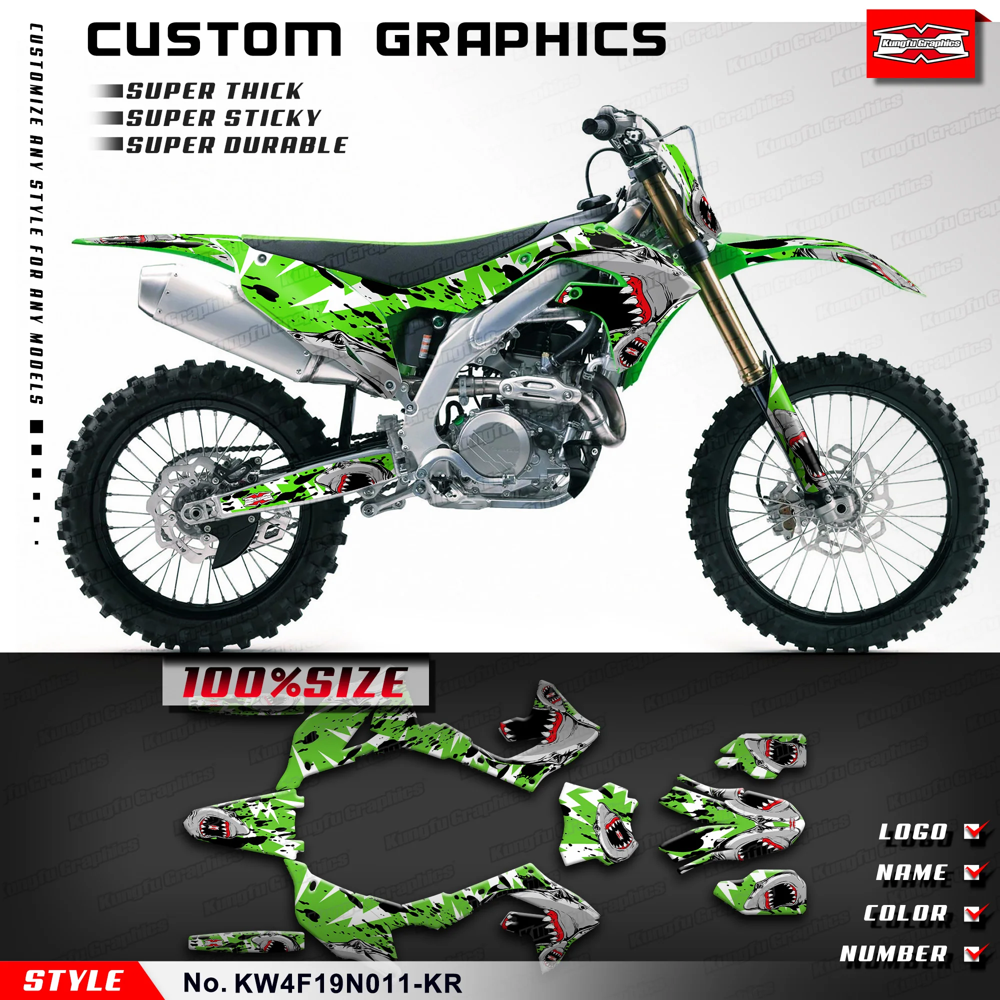 KUNGFU GRAPHICS Racing Sticker Glossy Laminate for Kawasaki KX450F KX250F KXF450 KX250X 2019 2020 2021 2022 2023, KW4F19N011-KR