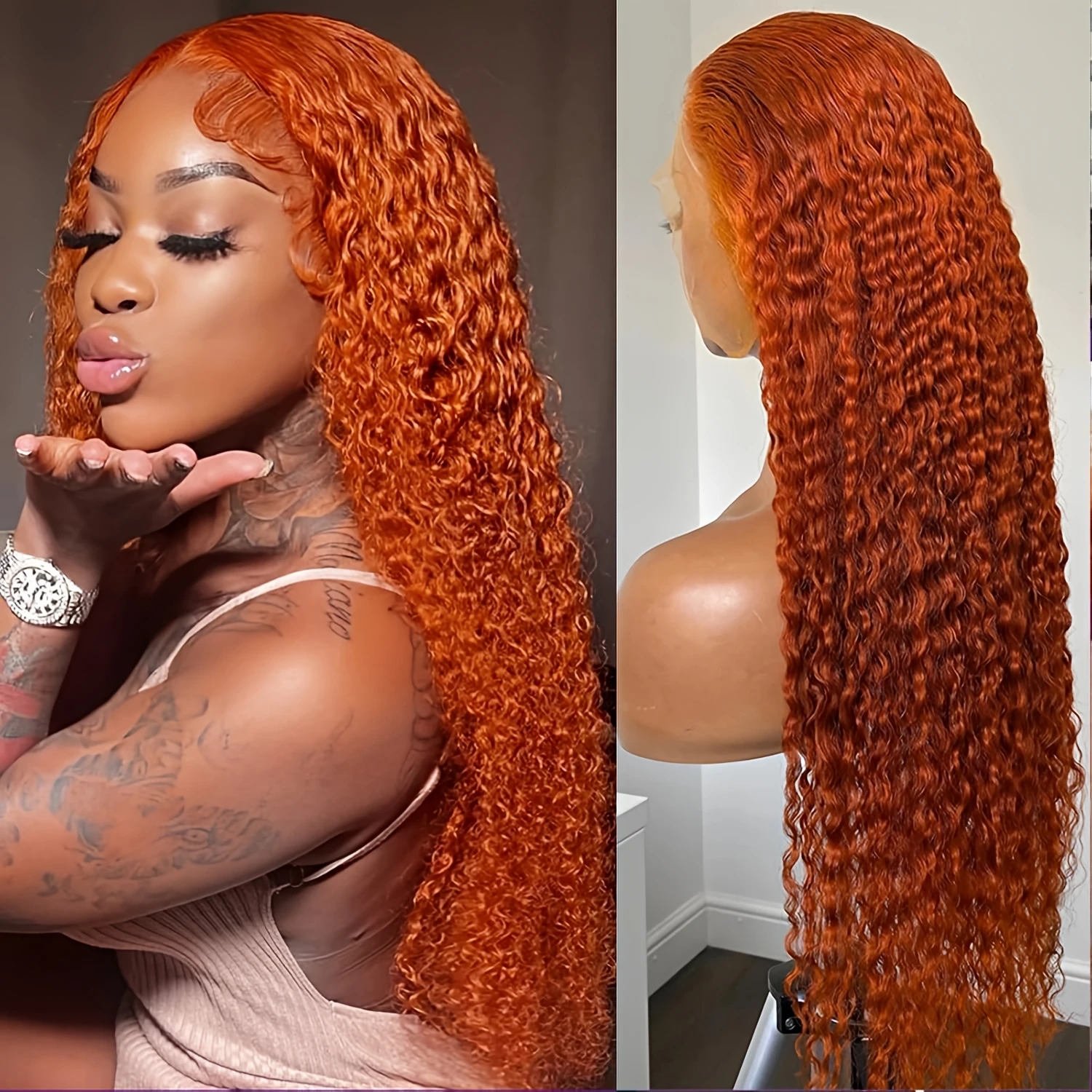

40inch 220 Density Brazilian Virgin Hair 350# Ginger Deep Wave Wig 13X4 Frontal HD Transparent Lace Front Pre Plucked Glueless