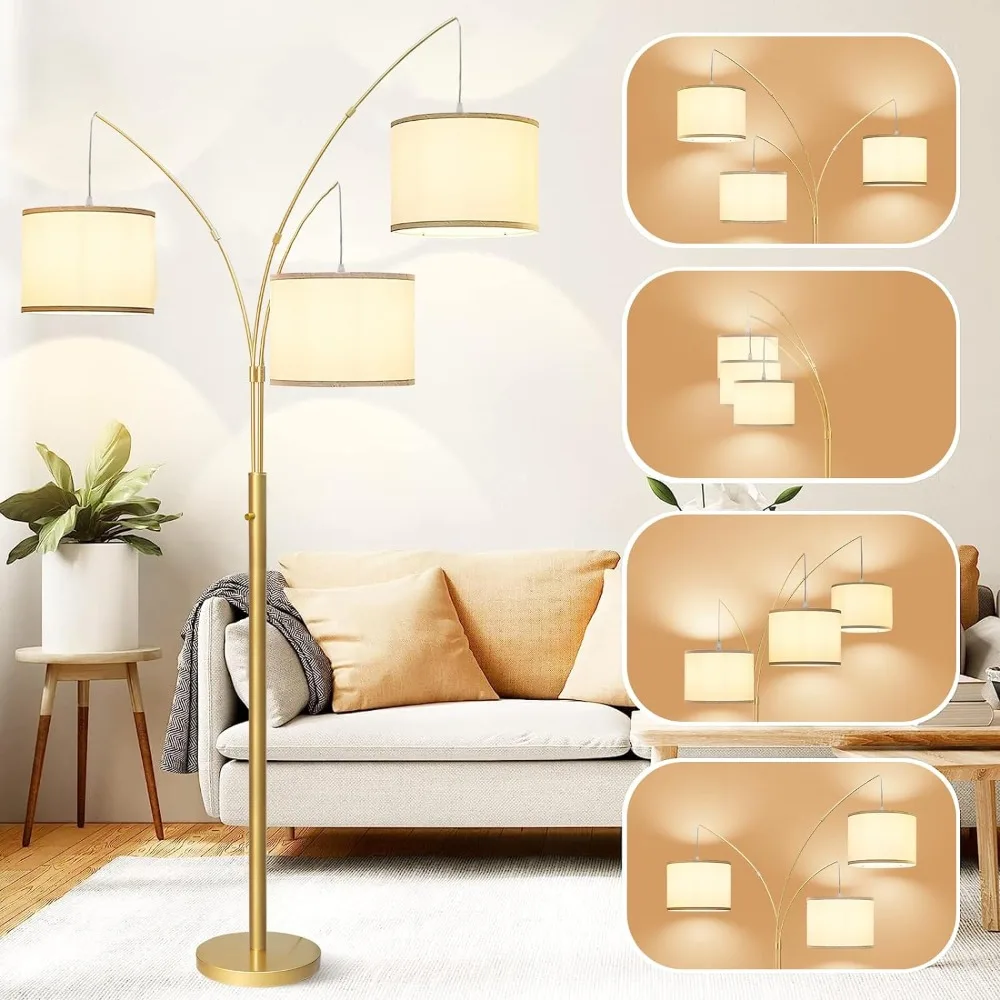 Arc Floor Lamp com tons e base pesada, lâmpadas de pé alta, lâmpada de assoalho suspensa, 3 luzes