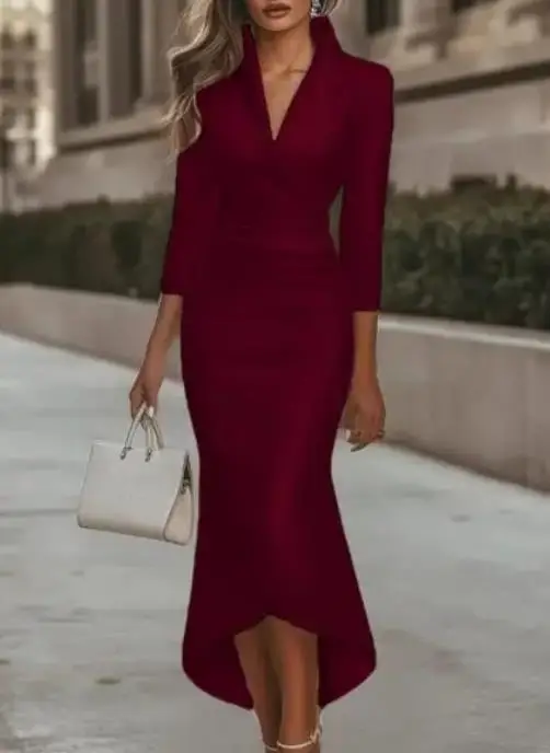 ชุดเดรสผ้าซาตินคอวี แขนยาว สีพื้น เรียบหรู เซ็กซี่ สไตล์ฤดูใบไม้ร่วงใหม่ ปี 2025 เสื้อผ้าผู้หญิง