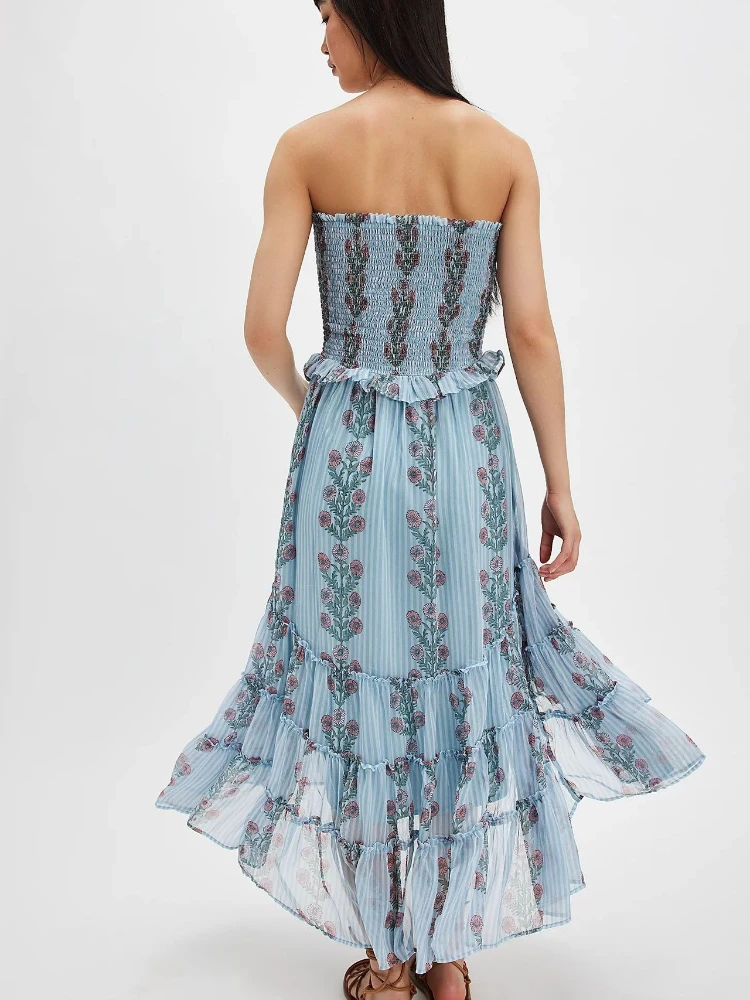 2025 New Women's Floral Print Strapless Dress Vacation Style Patchwork Asymmetrical Hem Sundress Beach Boho Chic Dress