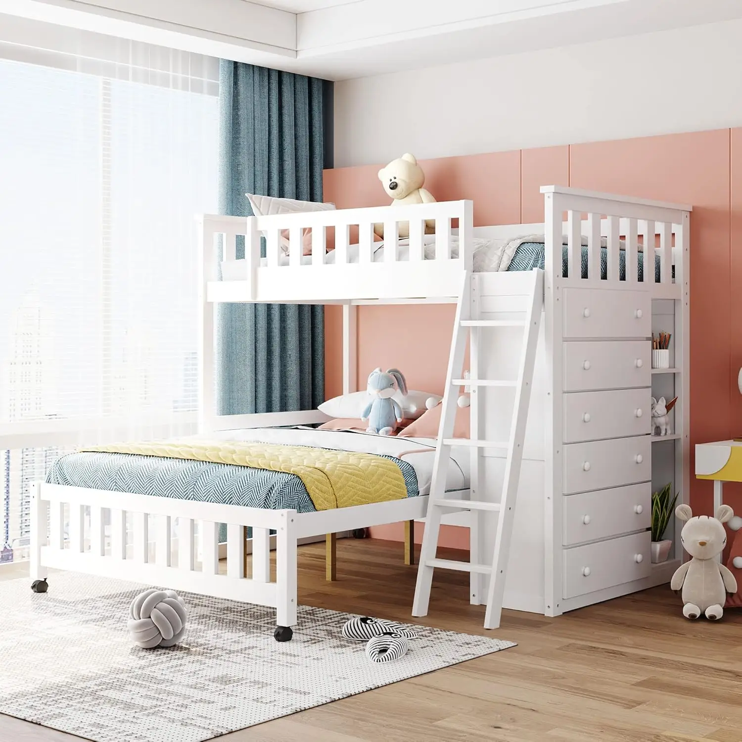 Wooden Twin Over Full Bunk Bed with 6 Drawers and Adjustable Shelves, L-Shape Full Platform Bed with Wheel,Modern Bunk Bed Frame