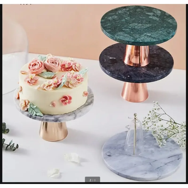 Metal Tall Feet Marble Cake Pan Bread Dessert Plate Refreshment Tray Stand Decorative Display Snack Dishes