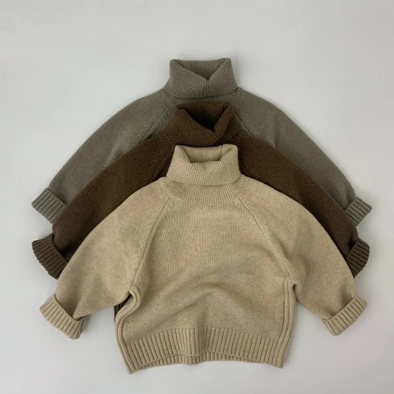 

Korean Style Children Clothes New Winter Baby Boys Knitted Sweaters Solid Color Turtleneck Collar Kids Thicken Pullovers Tops