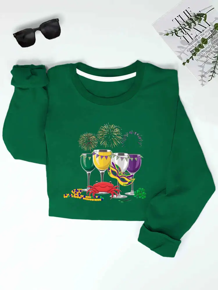 Plus Size Women's Festive Mardi Gras Sweatshirt - Champagne Toast Design, Green Polyester Knit, Round Neck