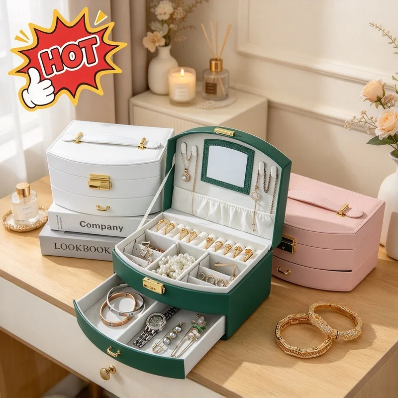 Multi-Layer Drawer Jewelry Storage Box, Handheld Jewellery Organizer Case for Rings Earrings Necklaces Classification Storage