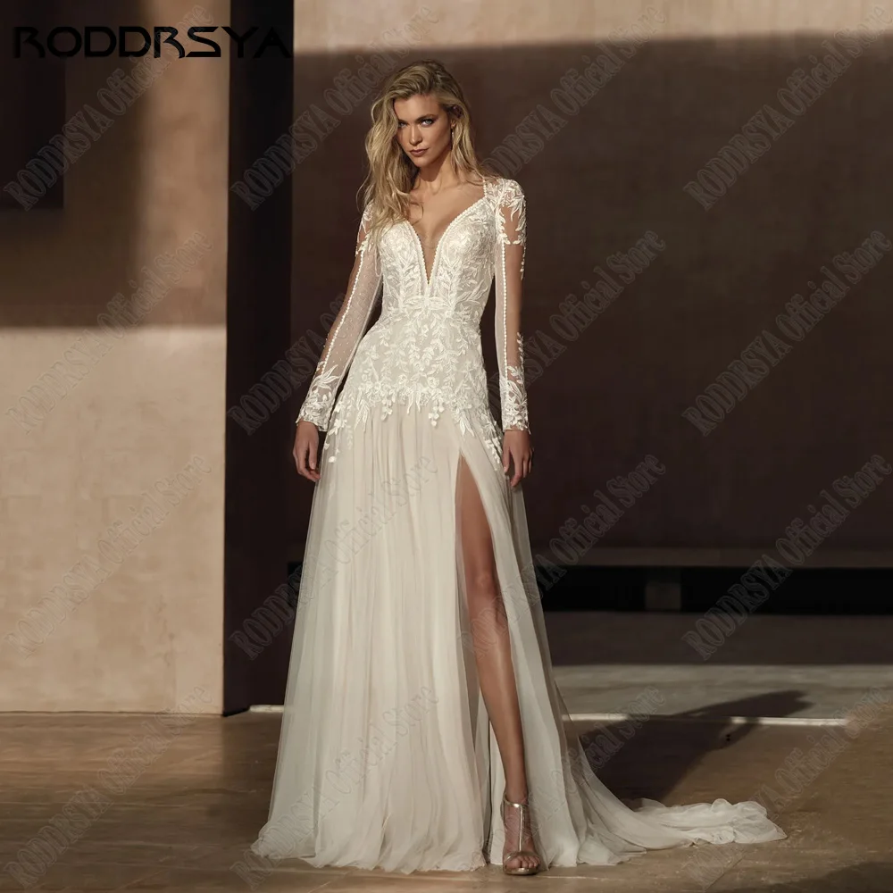 RODRSY Beach abito da sposa per la sposa A-Line maniche lunghe abiti da sRODDRSY abito da sposa da spiaggia per la sposa a-line maniche lunghe abiti da sposa spacco laterale Applique civile a-line vestido de noiva 2024