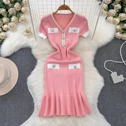 Sexy Chic Elastic V Neck Knit Memaid Dress Vestidos Korean Fashion Party Basic Slim Summer Elegant Women Dresses