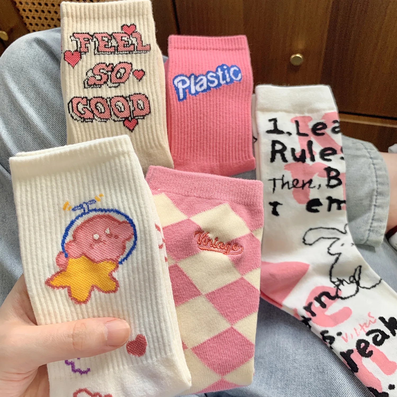 

5pcs For Kaby Cartoon Cotton Sweat-Wicking Socks Women's Comfortable Soft Breathable Sports Socks Spring/Fall Mid-Calf Socks