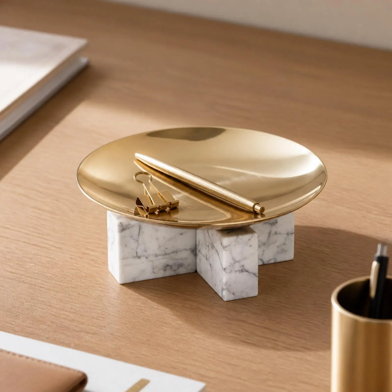 Stainless Steel and Marble Serving Tray Versatile Gold-Toned Tray with Marble Base Polished for Countertop Organization, Dining