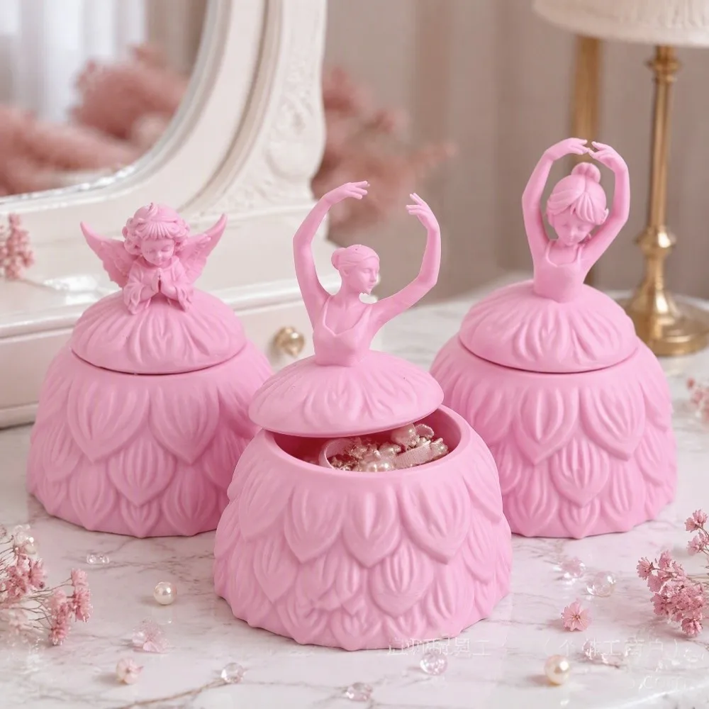 3D Printed Ballet Dancer Jewelry Box Pink Plastic Angel Trinket Box With Lid Romantic Jewelry Container Girls Birthday Gift
