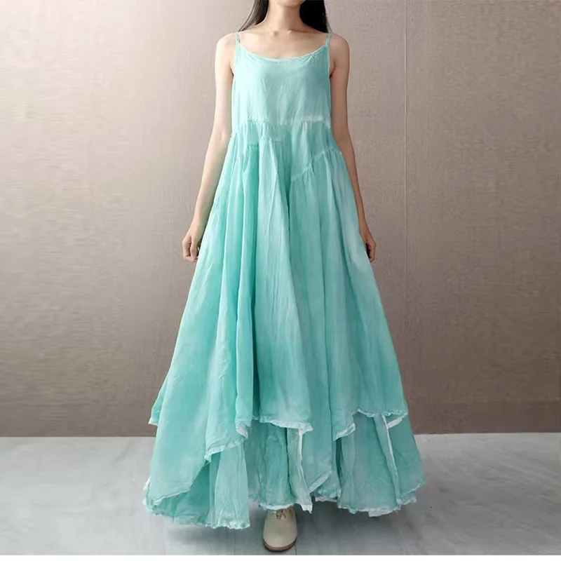 Vestido Longo de Linho Assimétrico de Camada Dupla com Alça e Barra Ampla, Estilo Artístico de Cor Pura, Novo para o Verão