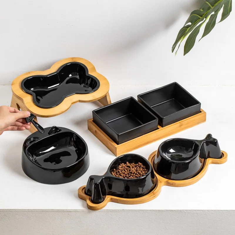 Pet Black Ceramic Bowl Cat Food Water Feeders Small Dogs Drinking Eating Accessories Protecting The Cervical Spine