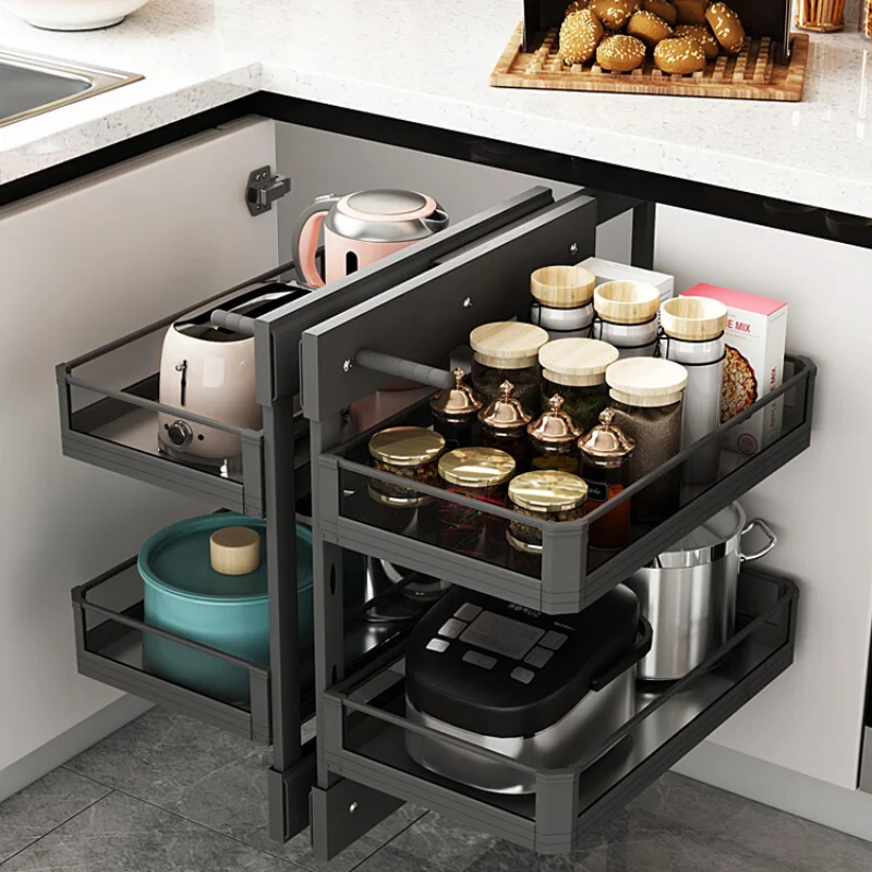 

Kitchen cabinet pull basket corner damping full pull out little monster aluminum alloy seasoning rack corner double