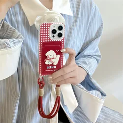Red plaid bow dog card bag with phone case and hanging rope For iPhone 15 14 Plus X XS XR 11 12 13 Pro Max Silicone Cases Cover