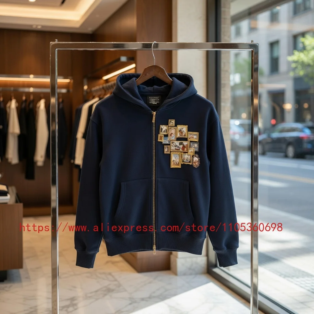 

Real Photo DERSCHUTZE Men's Navy Zip Up Hoodie Vintage Photo Frame Patch Embroidery Pocket Streetwear Loose Hooded Sweatshirt