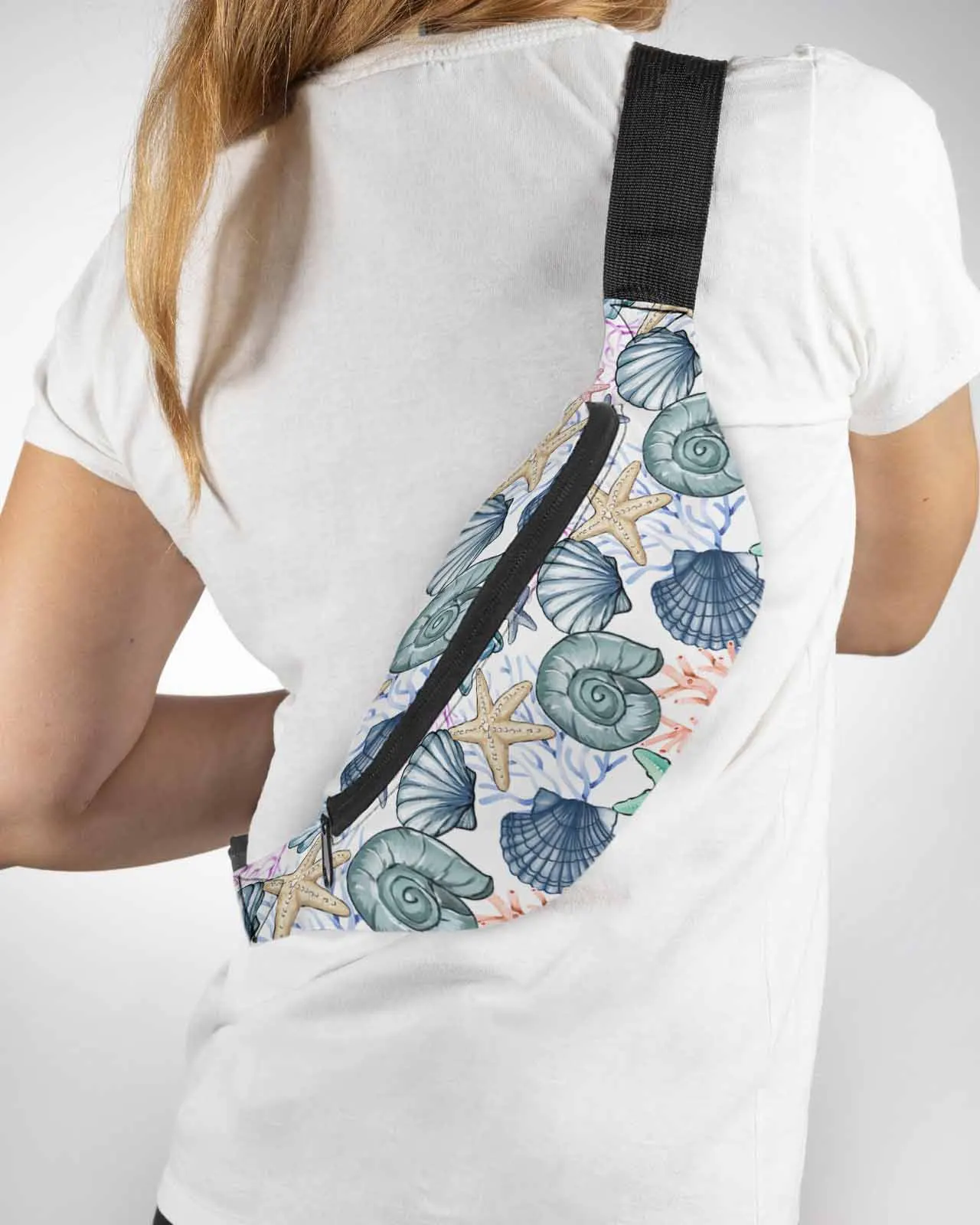 

Ocean Summer Shell Starfish Coral Watercolor Men Women Waist Bag Fanny Pack Belt Bag Wallet Pouch Waterproof Banana Hip Bags