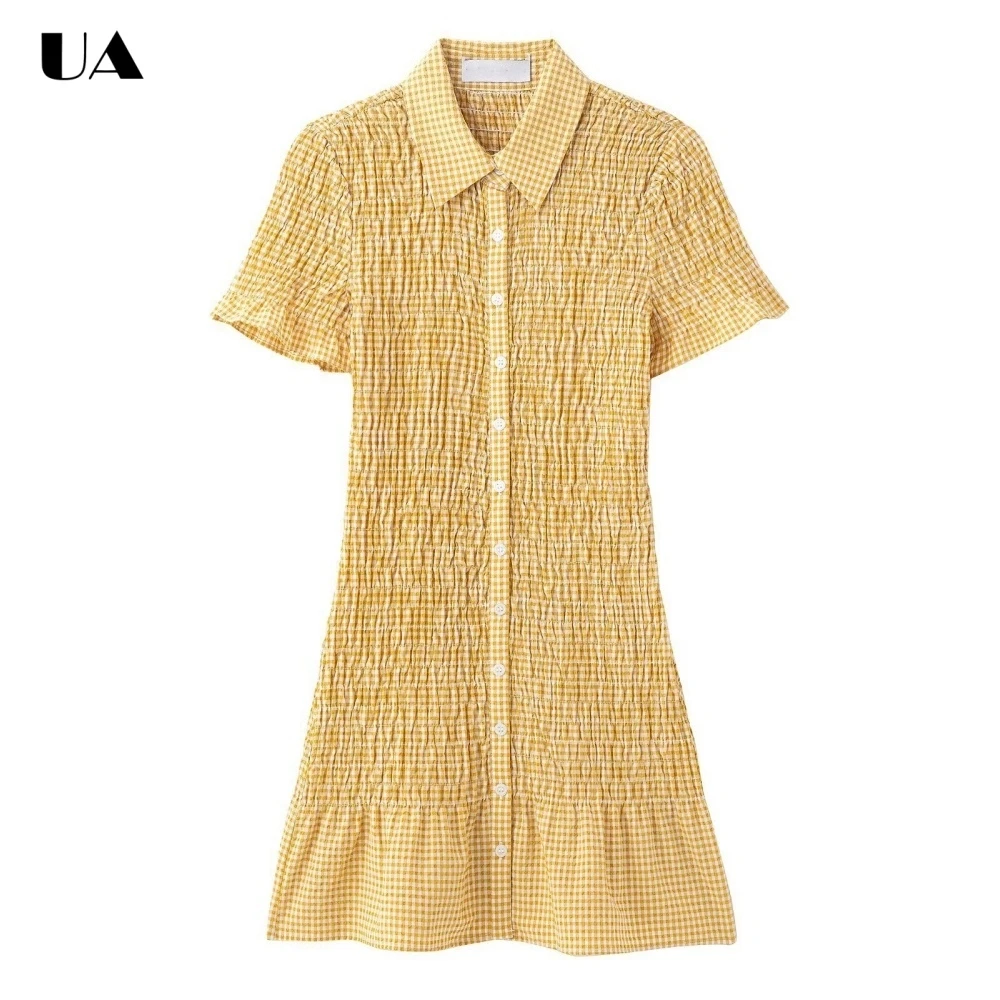 

Fashionable Plaid Fit-and-flare Polo Collar Mini Prom Dress Trendy Single Breasted Short Dress Vacation Style short Sleeve Dress