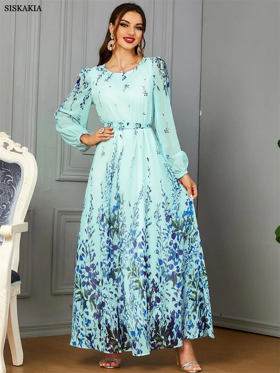 

Siskakia Dubai Fashion Floral Lantern Sleeve O-Neck Gulf Women Dress With Sashes Jalabiyat Moroccan Arab Evening Party Abaya