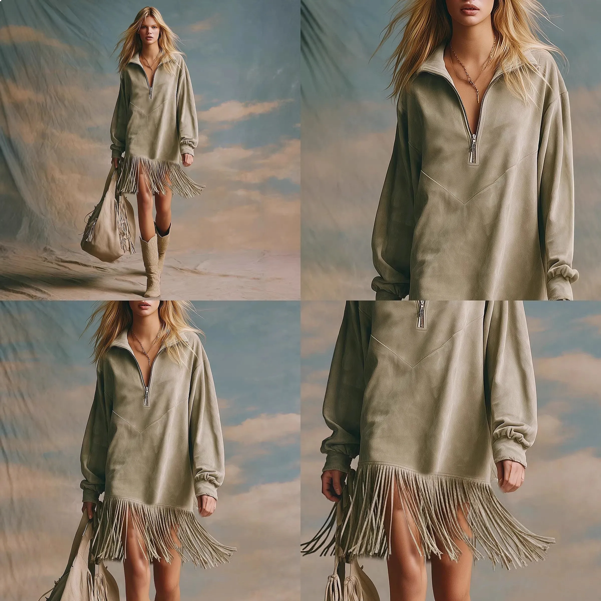 

Retro Fringe High Neck Suede Loose Long Sleeve Dress Dresses Spring Summer Flowy Tunic
