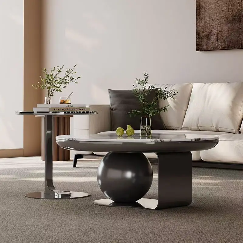 Luxury living room furniture gold round center table stainless steel frame marble countertop coffee table set