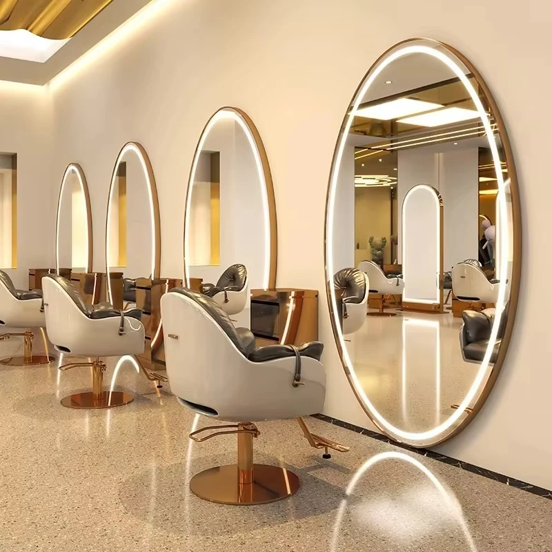 Full-Length Gold Wall Mounted Salon Mirror with Lighting Styling Station Furniture