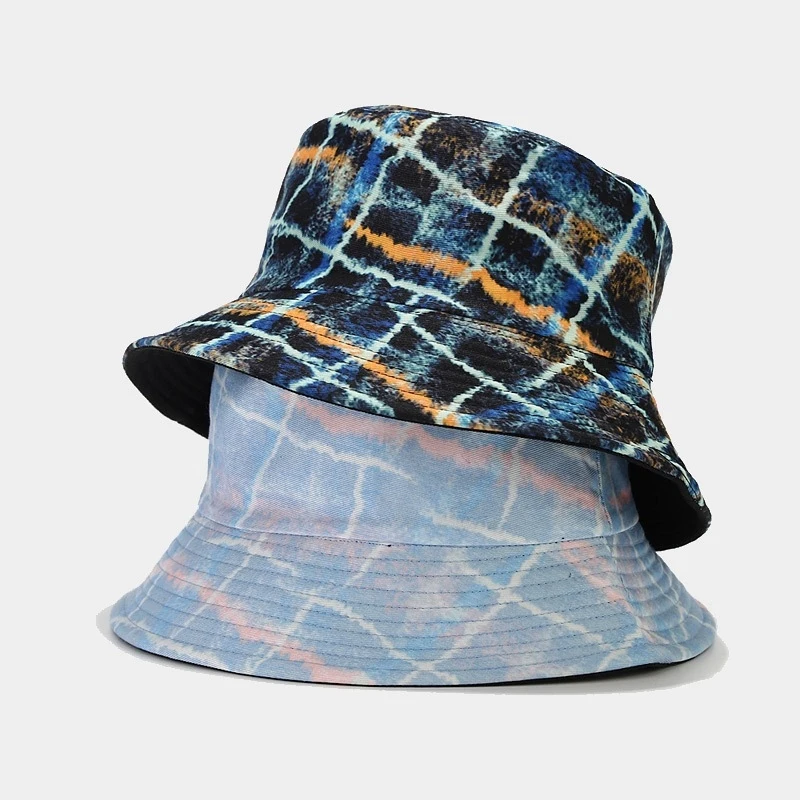 Unisex Reversible Tie Dye Grid Bucket Hat, Double-Sided Sun Cap, Summer Beach Outdoor Fisherman Hat for Men Women