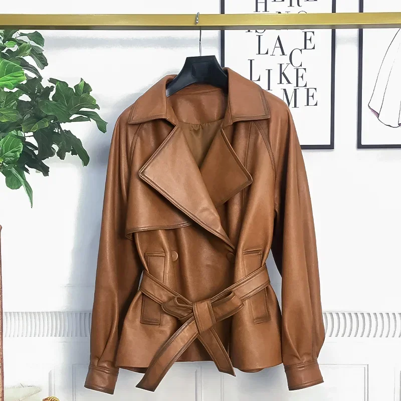 Genuine Leather Jacket Women 2023 Vintage Style Real Sheepskin Coats Belt Spring Autumn Womens Clothing Fashion New in Outerwear