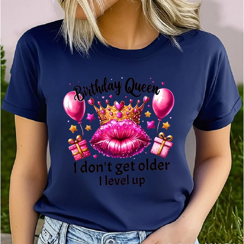 Cotton 100% Graphic queen Print T-shirt, Short Sleeve Crew Neck Casual Top for Summer & Spring, Women's Clothing Summer