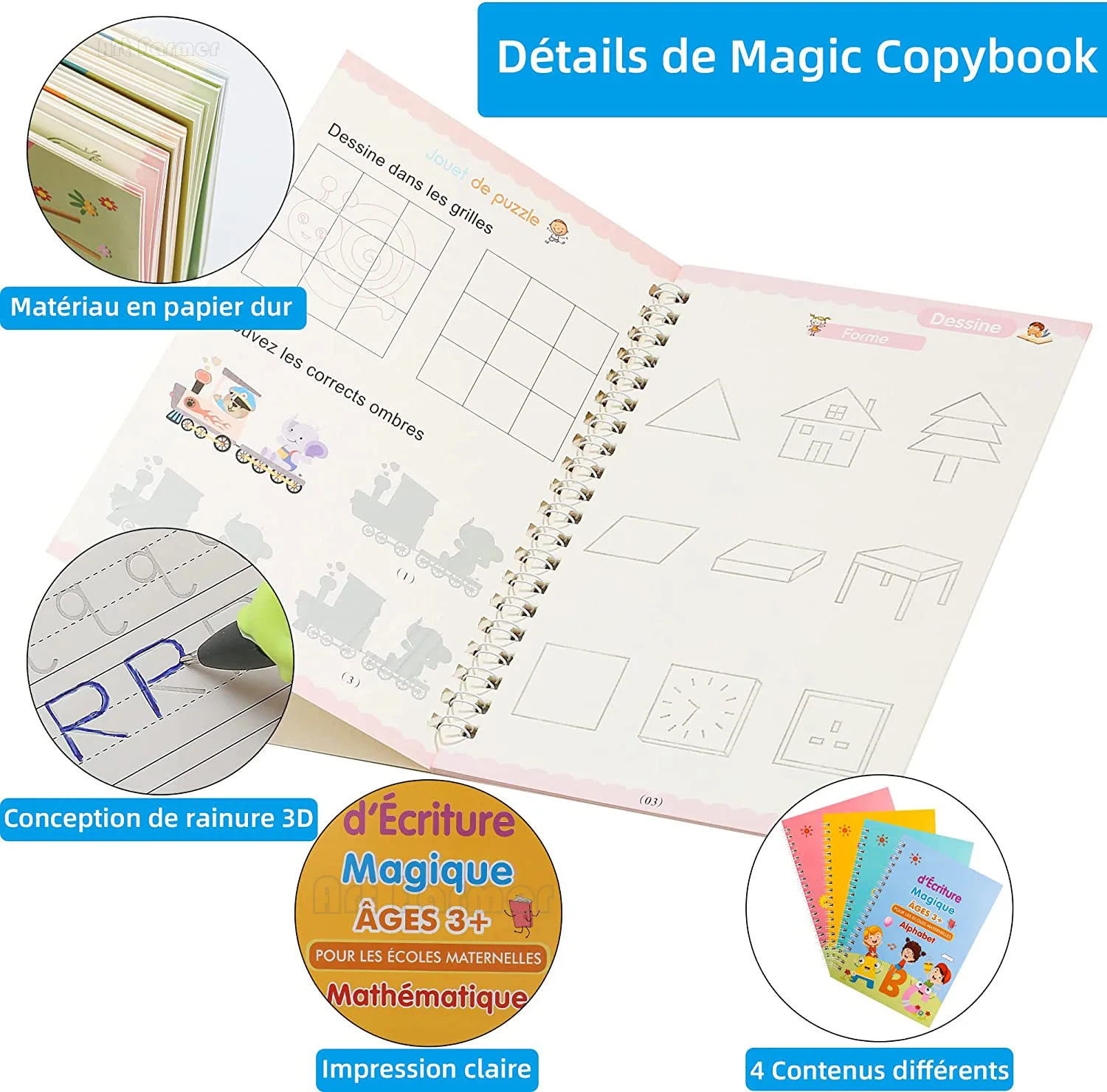 Libro mágico de copia francesa para niños, cuaderno de práctica Groove, cuaderno de aprendizaje de números, letras francesas, caligrafía, libro de