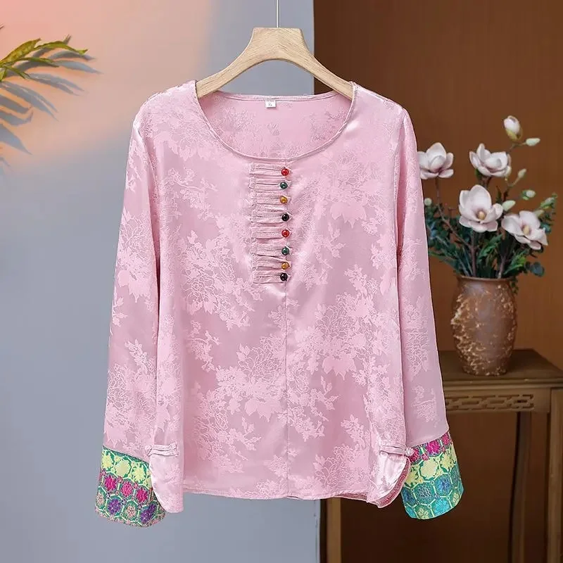 

Embroidered Stitching Shirts in Spring and Autumn Women's Long Sleeves Loose National Wind Jacquard With Bottoming hirts tops