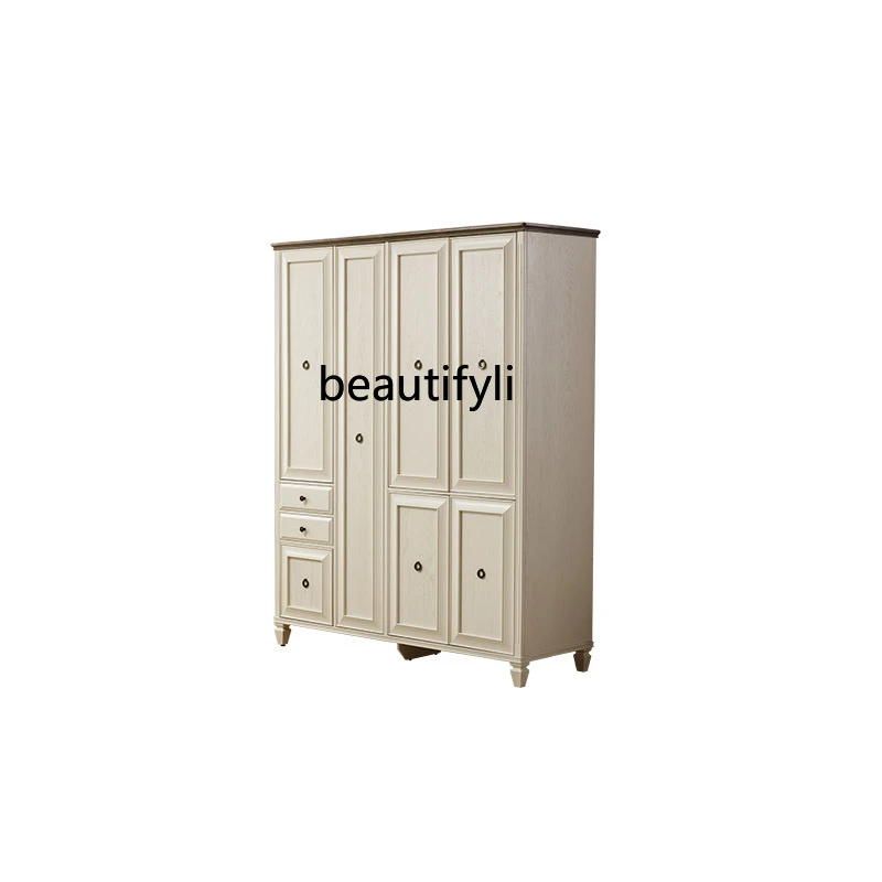 

American Wardrobe Pure Solid Wood Four-Door Wardrobe Light Luxury Customized White Furniture Vertical Hinged Door Bedroom Locker