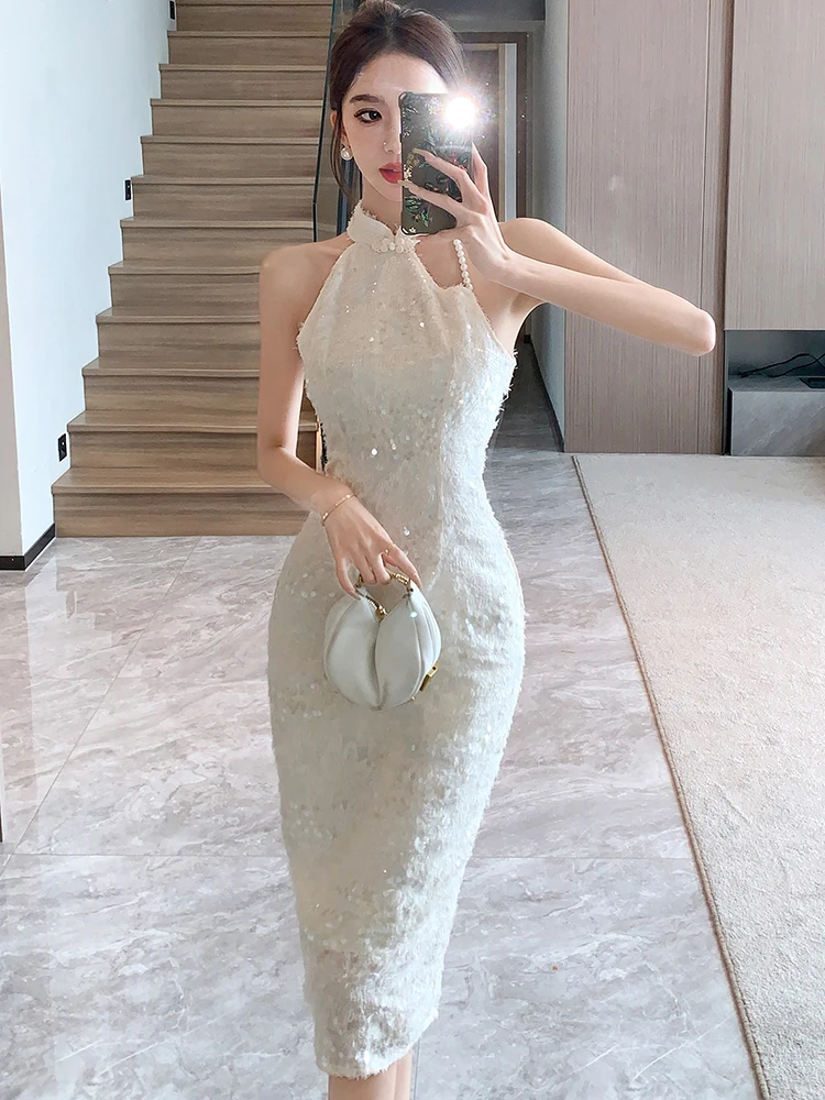 White Jacquard Sequins Chic Beading Neck-mounted Dress Women Summer Elegant Luxury Evening Dress 2024 Korean Vintage Party Dress