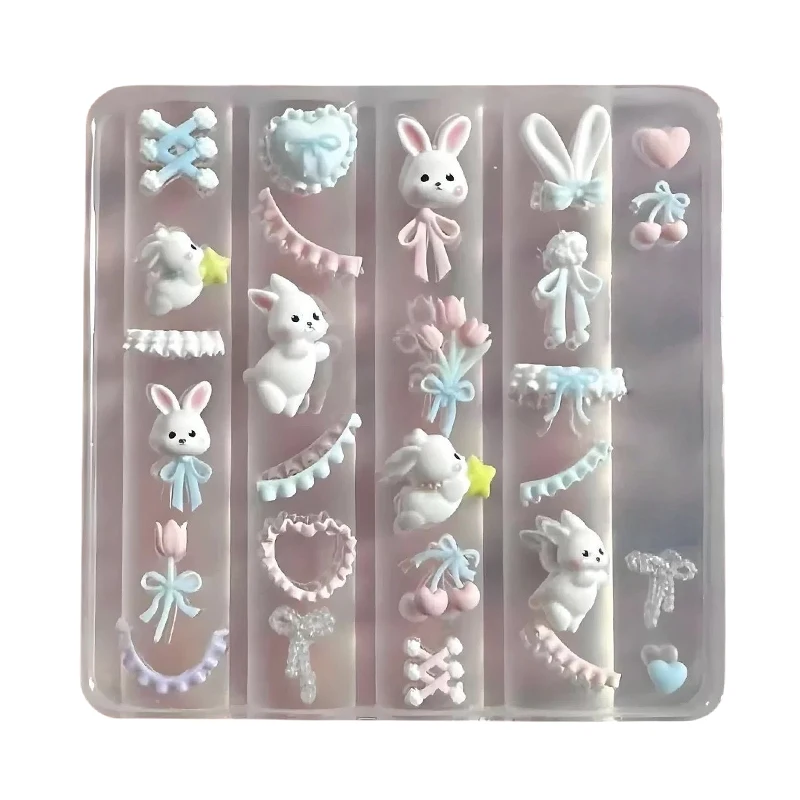 Molde de silicone 3d de coelho com laço, decoração de arte de unha, design diy, modelo de silicone para unhas