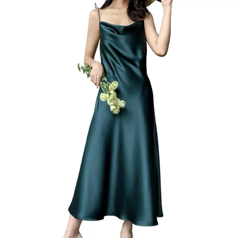 Neue Sommer Acetat Satin Kleid Frauen Party Abend Midi Spaghetti träger elegante lässige Luxus lange Satin Seide Kleider