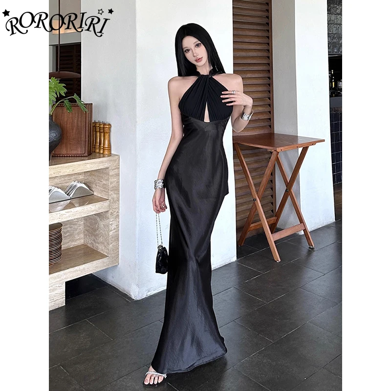 RORORIRI Abito lungo da donna con scollo all'americana fluido e cut-out sexy Abito da sera vintage in un unico pezzo con spalle scoperte in raso nero