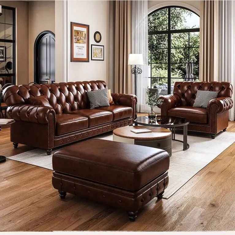 

HYS retro oil wax leather sofa three or four people straight row antique brown sofa living room villa furniture