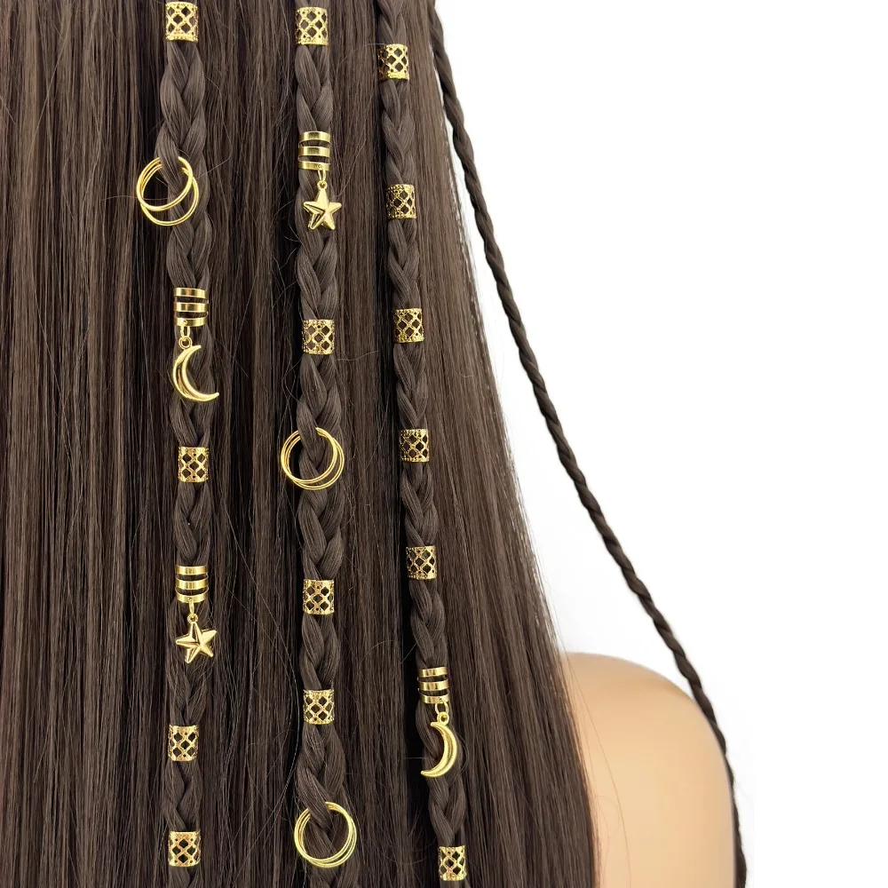 

44pcs Stars Moon Hollow Out Hair Ring Hair Braiding Metal Cuff Clips Dreadlocks Beads Multi Style Adjustable Hair Braid Tubes