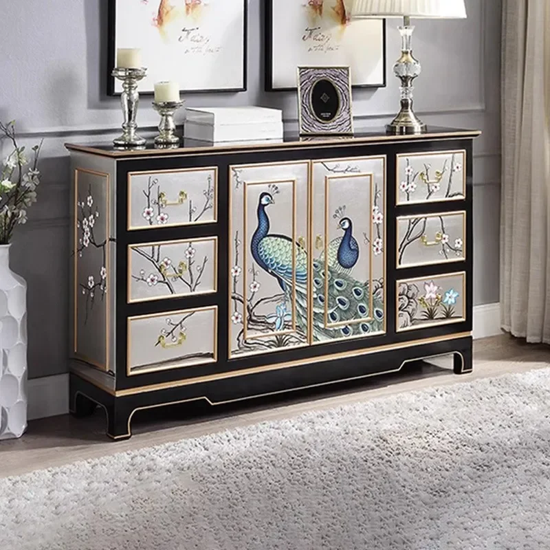 American Entryway Cabinet with Peacock Art Partition New Chinese Style Painted Storage Sideboard for Hallway Decor