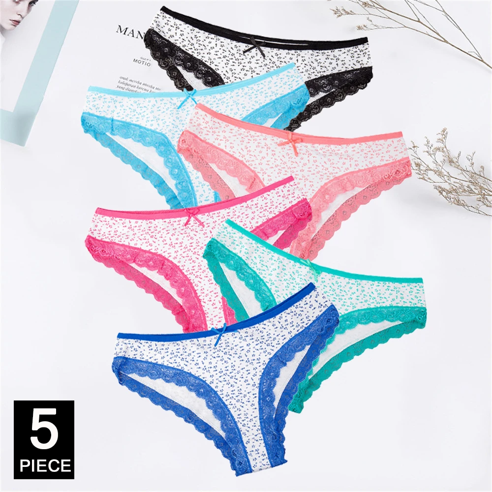 Sexy Panties for Women Cotton Lace Underwear Girls Cute Floral Print Briefs Plus Size Bikini Knickers Ladies Lingerie 5 pcs/lot