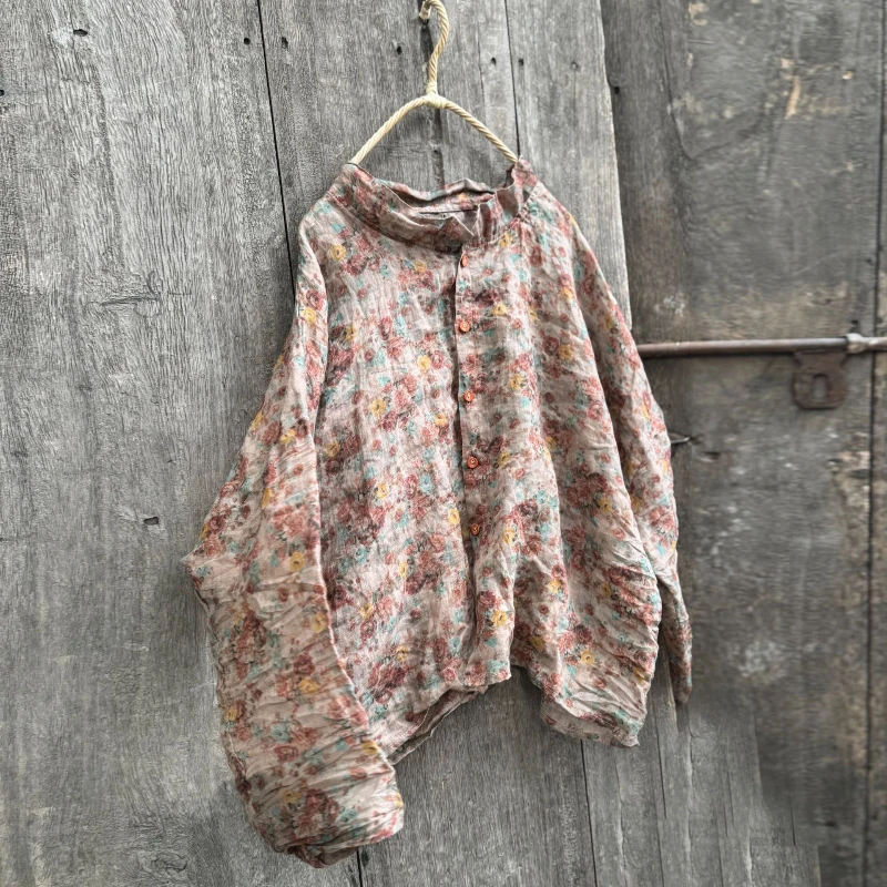 Ramie manches longues imprimé fleuri ramie mince chemises et haut femmes 2025 été automne nouveau Style Vintage lâche Cardigan Blouses